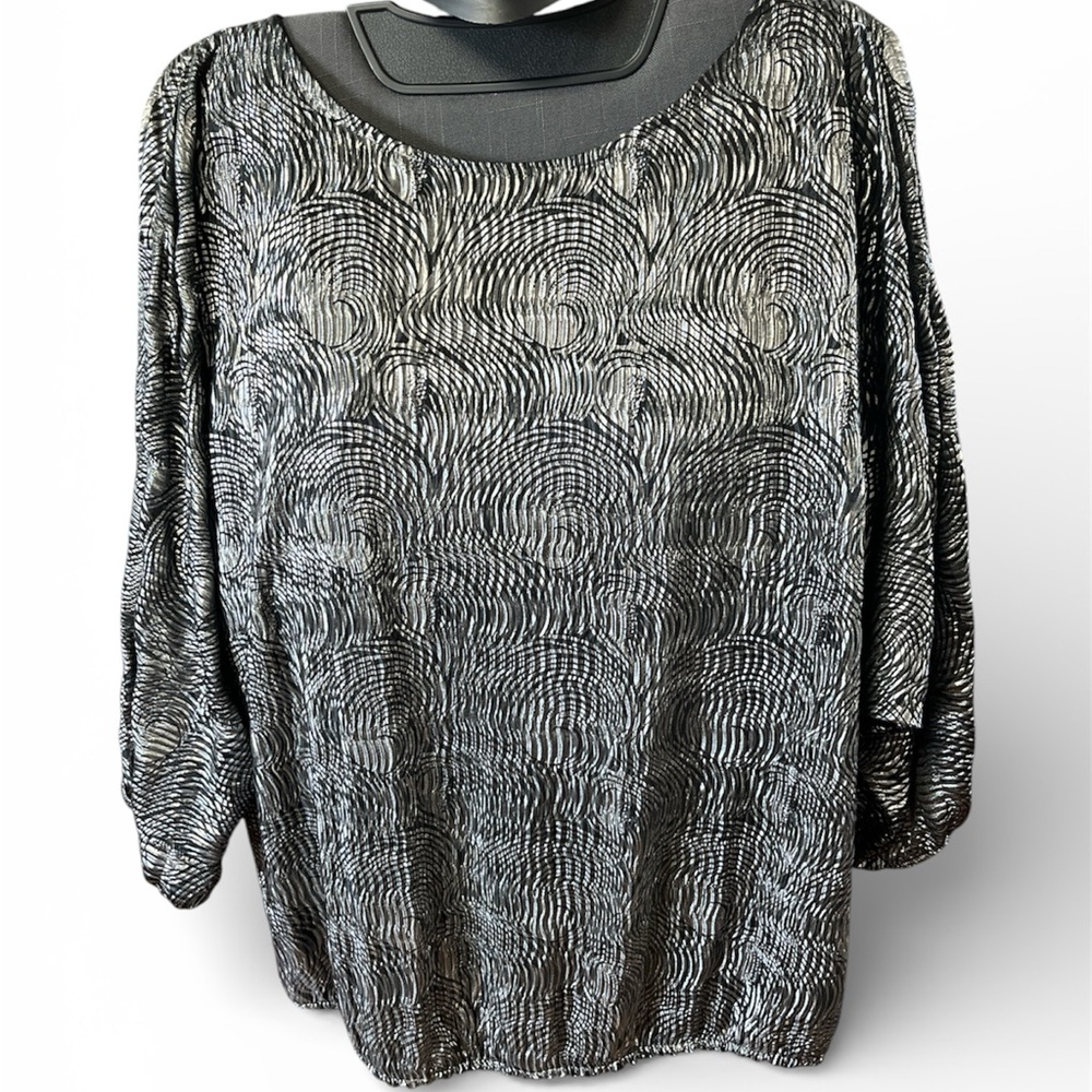 Vintage Jeri Marque Swirl Pattern  Black & Silver Textured Blouse 3/4 Sleeves